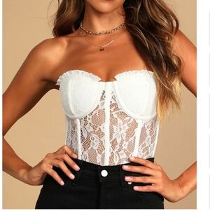 Lulus Art of Seduction White Lace Strapless Corset Bodysuit - Size M